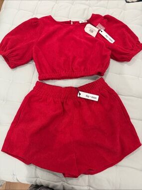 Day + Moon Women's Red Corduroy Short Set — Crop Top & Elastic Waist Shorts